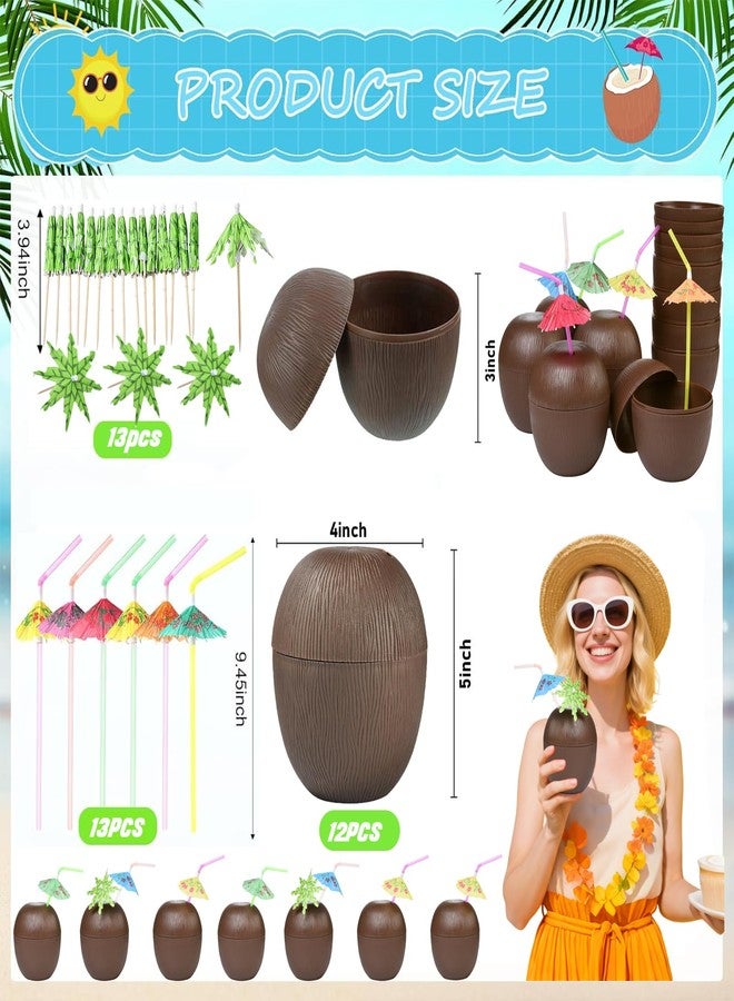 Haundry 12 Coconut Cups with 12 Straws and 12 Cocktail Drink Picks, Hawaiian Luau Tiki and Beach Party Decorations for Kids and Adults - Image 2